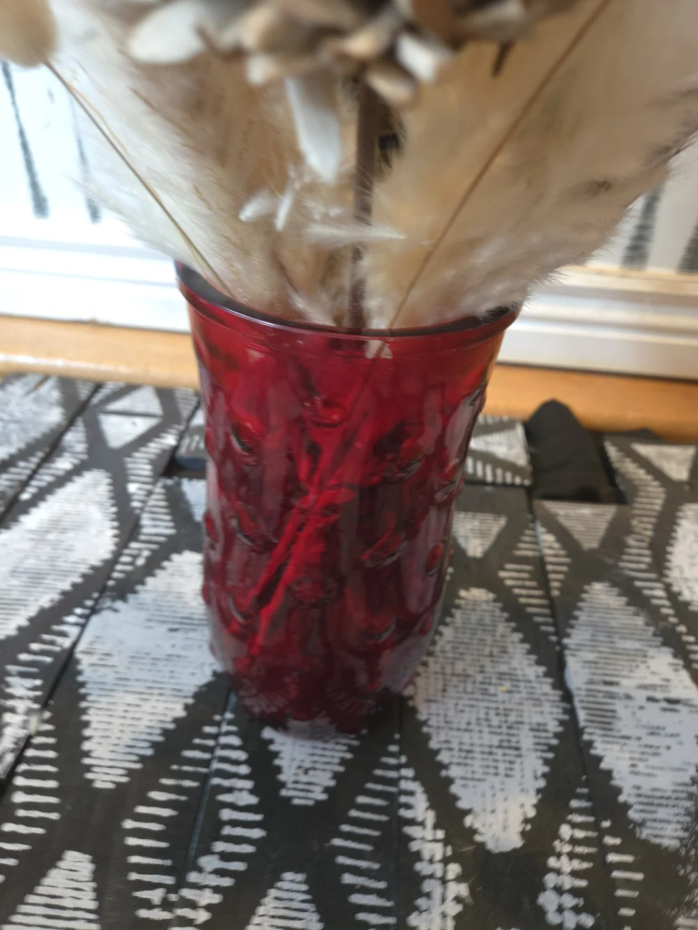 Vintage Ruby Red Embossed Glass Vase – Textured Cylinder Flower Vase Home Décor
